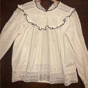 Sezane Off White Lace Blouse with Black Trim